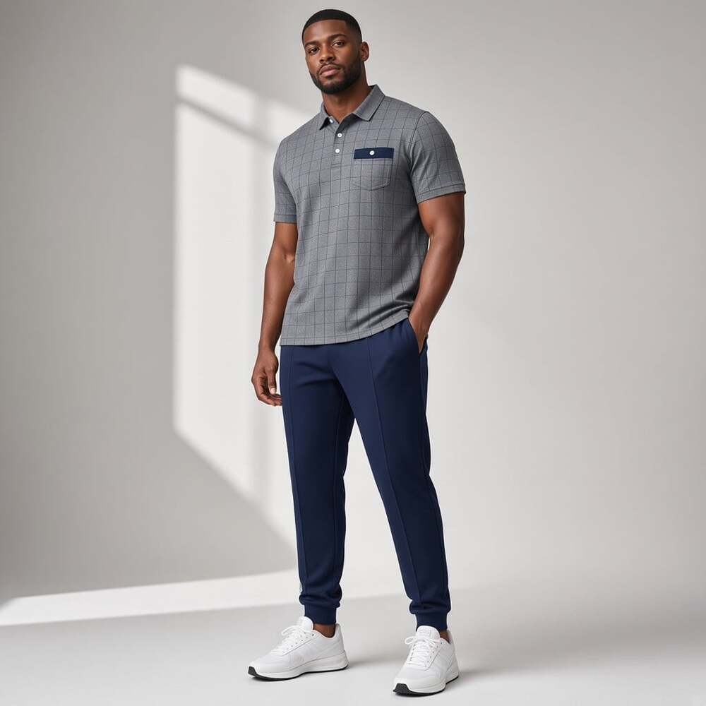 TravisMathew Gray Windowpane Plaid Golf Polo Navy Pocket Men's XL